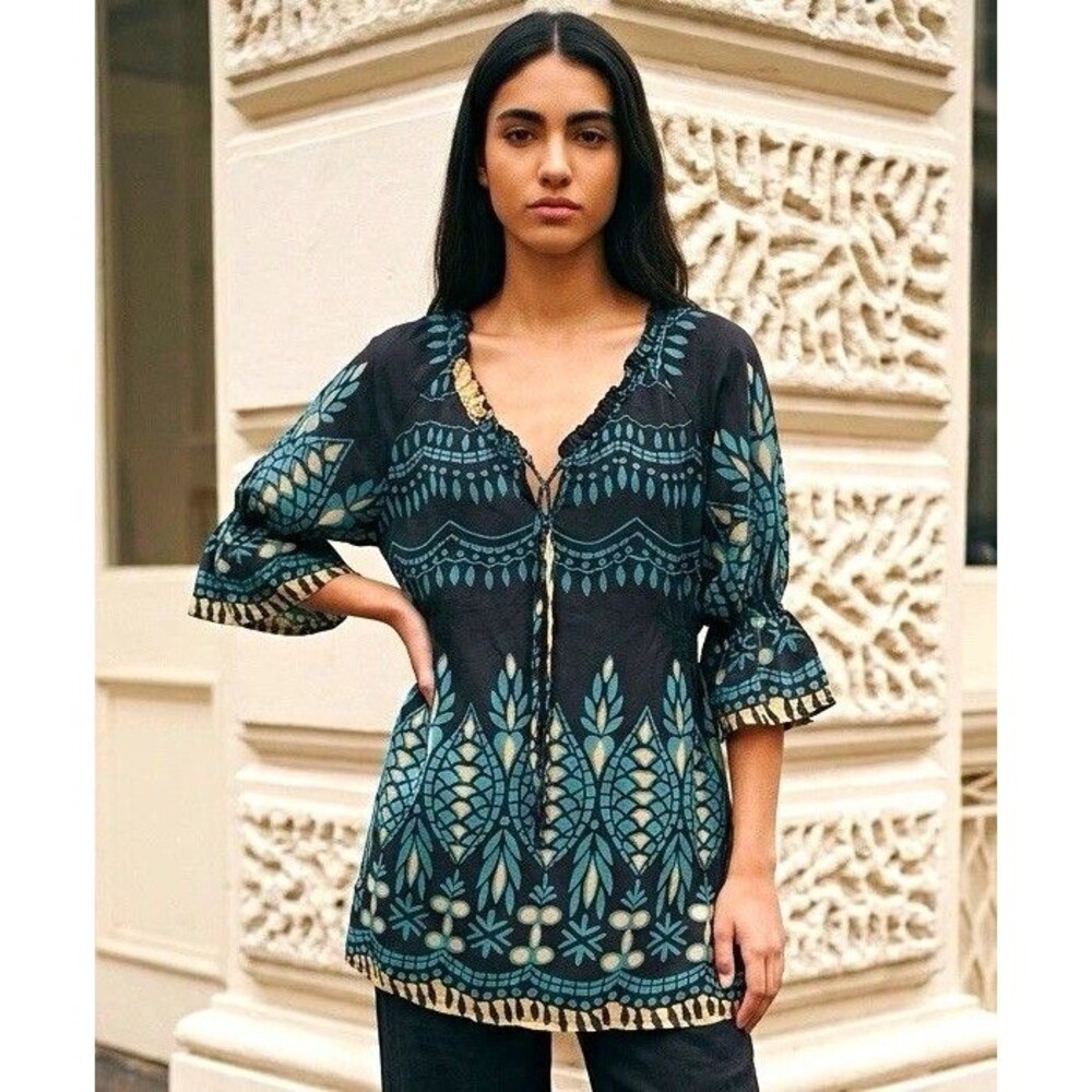 Urban Mango Black Blue Beige Geometric Woven V-Neck 3/4 Sleeve Tunic Blouse L